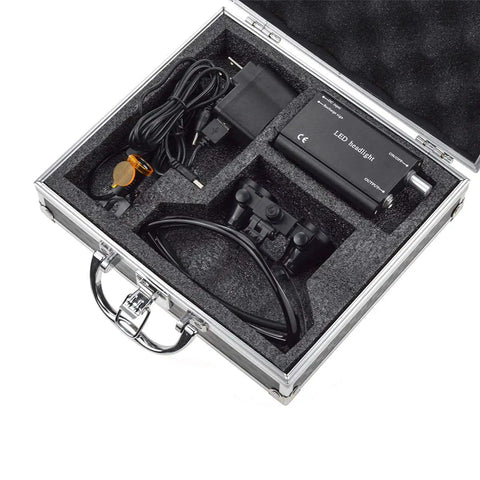 3.5X Loupe Headlamp With Filter Clip-On And Carry Type Aluminum Box DY-004 Black, Rechargeable Battery, in silver carrying case