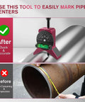 Front view of pink Y-shaped magnetic pipe center finder with dial protractor and bubble level for 1-1/2 to 6 in pipes