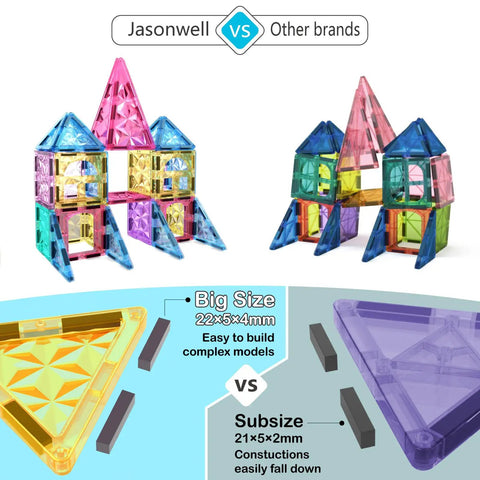 Colorful Magnetic Tiles Building Blocks Set For Kids 110 Pieces STEM Construction Toy With Dinosaur Figures shown in towers