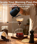 Premium Sturdy North American Black Walnut Pour Over Coffee Maker Stand with adjustable dripper holder in use.