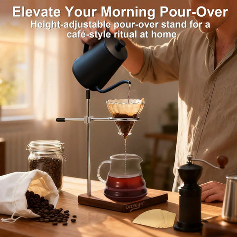 Premium Sturdy North American Black Walnut Pour Over Coffee Maker Stand with adjustable dripper holder in use.