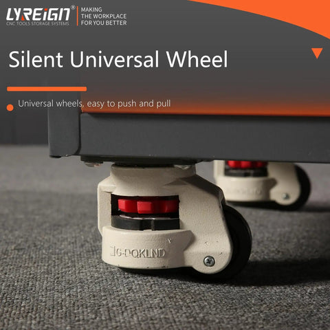 Close-up of silent universal wheel on heavy duty mobile tool cart storage organizer on wheels for CNC tools drill bits screws and small parts cabinets and racks for warehouses and machining centers.