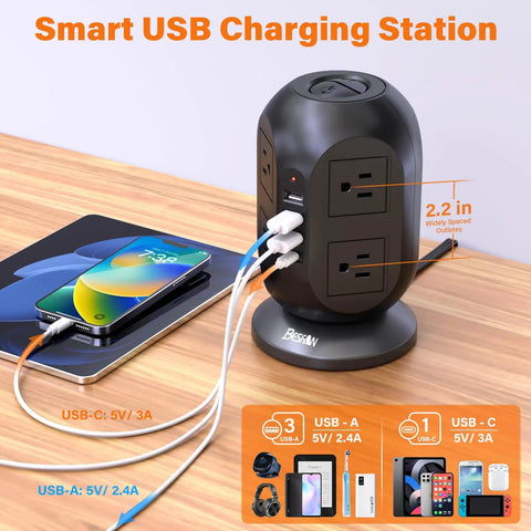 12 In 1 Tower Power Strip With 8 Outlets And 4 USB Ports, 10 Ft Extension Cord, 1050J Surge Protector on desk charging devices