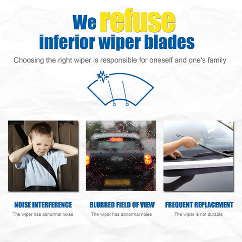 Image showing wiper concerns: noise interference, blurred visibility, and frequent replacements with highlighted issues.