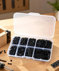 Top Shelf Black Phillips Self Tapping Screws 800 Piece Assortment Kit in organized clear box, ideal for electronics enclosures.