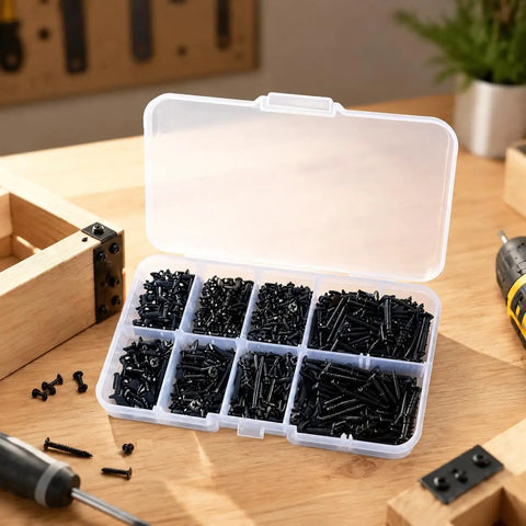 Top Shelf Black Phillips Self Tapping Screws 800 Piece Assortment Kit in organized clear box, ideal for electronics enclosures.