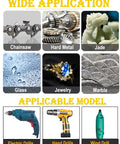 Image showing applications of Diamond Chainsaw Sharpener Kit 21 Piece Set with drill types and materials like chainsaw and jade.