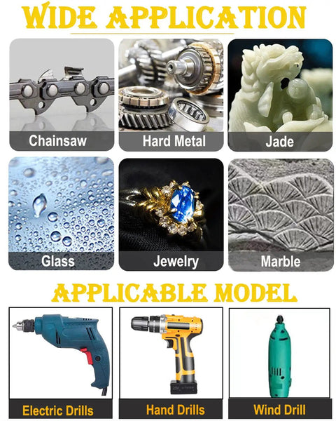 Image showing applications of Diamond Chainsaw Sharpener Kit 21 Piece Set with drill types and materials like chainsaw and jade.