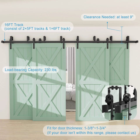 Bypass Sliding Barn Door Hardware Kit, 16 Ft Four Doors, Double Track System For Smooth Sliding, doors not included