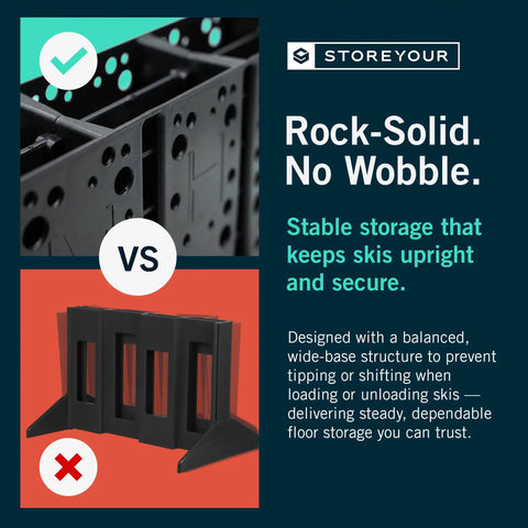 Comparison of Telluride Freestanding Workhorse Ski Storage Rack's stable design versus less secure options.