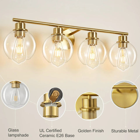 4-Light Over Mirror Bathroom Vanity Light With Clear Glass Globe Shades, 29.5 Inch Black Wall Sconce For Bath, Dope Modern Brass Metal Fixture