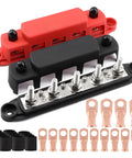 Beast Grade 300A M8 Bus Bar With 12V To 48V Battery Terminal Power Distribution Block with copper cable lugs and heat shrink tubing.