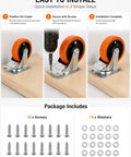 Heavy Duty Beefy Caster Wheels Set Of Four Locking Casters With Dual Ball Bearings shown being installed with screws and washers.