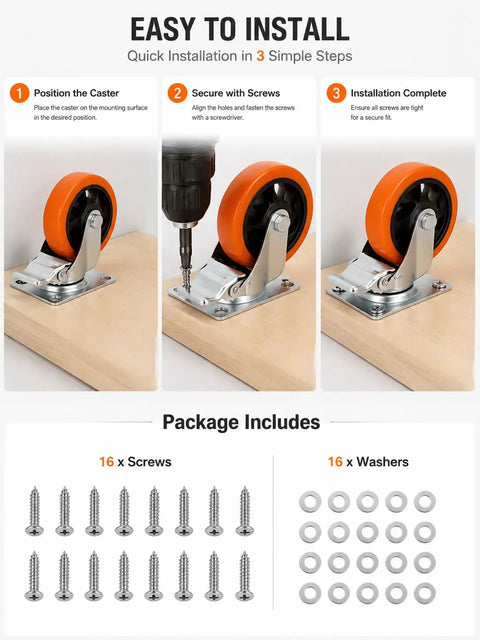 Heavy Duty Beefy Caster Wheels Set Of Four Locking Casters With Dual Ball Bearings shown being installed with screws and washers.