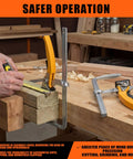 Four Pack Quick Release Ratcheting Table Clamps With Seven Inch Capacity And Two And Three Eighths Inch Throat Depth For MFT Track Saw And Guide Rail Systems Rotating Pressure Pad For Precise Woodworking Heavy Duty Durable Steel Build securing wood on a bench