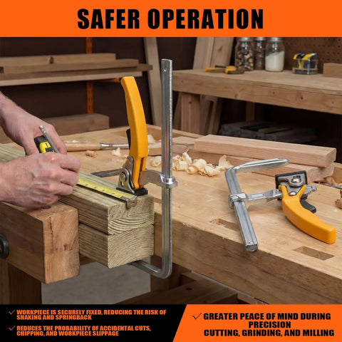 Four Pack Quick Release Ratcheting Table Clamps With Seven Inch Capacity And Two And Three Eighths Inch Throat Depth For MFT Track Saw And Guide Rail Systems Rotating Pressure Pad For Precise Woodworking Heavy Duty Durable Steel Build securing wood on a bench