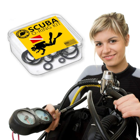 Scuba O Ring Kit 30 Pack for Regulator, Valve, and Hose Repairs, Nitrox O2 Compatible, shown with diver holding gear