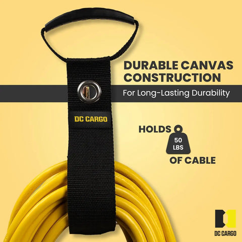 Pack Of 2 E Track Cord Organizer For Trailers Trucks And RVs Keeps Cords Cables Hoses And Ropes From A Messy Tangle With 17 Inch Hook And Loop Closure For Secure Storage, shown holding a yellow cable