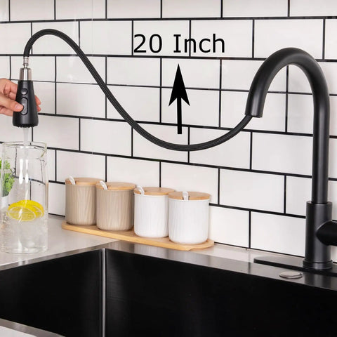 Hella Sweet Matte Black Kitchen Faucet With Single Handle And Buttery Pull Down Sprayer Solid Stainless Steel for 20 inch hose use.