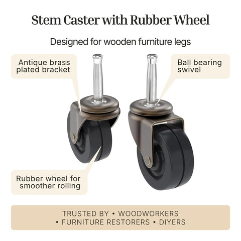 Kick It Slick Antique Brass Caster With Soft Rubber Wheel Two Inch Diameter Grip Stem Heavy Duty Roller for smooth rolling furniture.