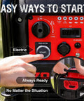 Person pushing electric start button on a 7000-Watt Open Frame Inverter Generator With Electric Start Portable Power For Home Backup And RV Camping 120V And 240V Dual Voltage Clean Sine Power For Sensitive Electronics Gas Powered