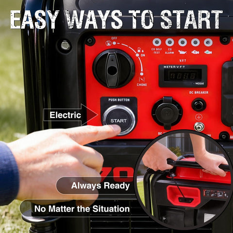 Person pushing electric start button on a 7000-Watt Open Frame Inverter Generator With Electric Start Portable Power For Home Backup And RV Camping 120V And 240V Dual Voltage Clean Sine Power For Sensitive Electronics Gas Powered