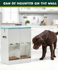 Heavy Duty Gravity Dog Feeder For Two Paw Pals With Forty Six Pound Capacity with a brown dog in a modern kitchen.