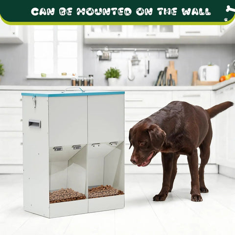Heavy Duty Gravity Dog Feeder For Two Paw Pals With Forty Six Pound Capacity with a brown dog in a modern kitchen.