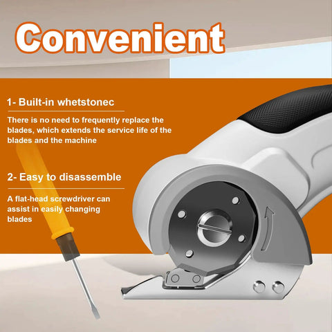 Heavy Duty Cordless Electric Scissors With Rechargeable Battery, showing built-in whetstone for easy blade maintenance and assembly.