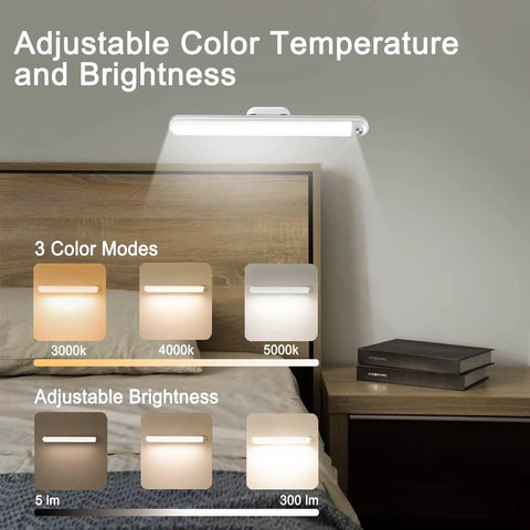 Rechargeable Dimmable Touch Light Bar With Three Color Temperatures 3000K 4000K 5000K shown above a headboard.