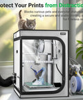 3D Printer Enclosure With Built In Ventilation Kit For Bambu Lab A1 And A1 Mini Combo Fireproof Dustproof Constant Temp Cover With AMS LED Light 520x600x700mm in home setting with a cat on top.