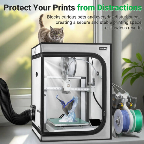 3D Printer Enclosure With Built In Ventilation Kit For Bambu Lab A1 And A1 Mini Combo Fireproof Dustproof Constant Temp Cover With AMS LED Light 520x600x700mm in home setting with a cat on top.