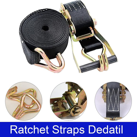 Black 2 Pack Heavy Duty Ratchet Straps 10000 Lbs Break Strength 2 Inch By 40 Foot with Double J Hooks for trucks and trailers