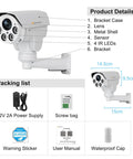 5MP POE Security Camera With Outdoor PTZ 2592x1944 HD 5X Optical Zoom Night Vision Motion Detection Remote Viewing, parts list visible