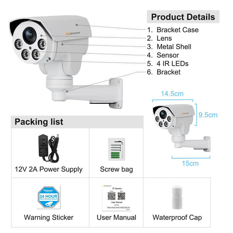 5MP POE Security Camera With Outdoor PTZ 2592x1944 HD 5X Optical Zoom Night Vision Motion Detection Remote Viewing, parts list visible