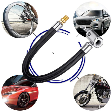 Sick Car Tire Inflator Hose Pump Adapter With Brass Universal External Threads Fits Bikes Electric Rides And Cars Durable Reinforced Rubber Braided Featuring Twist Lock Chuck Design Keeps Air Pressure Locked In Solid Build No Hassle black braided hose with brass fittings for car, bike, and motorcycle inflation