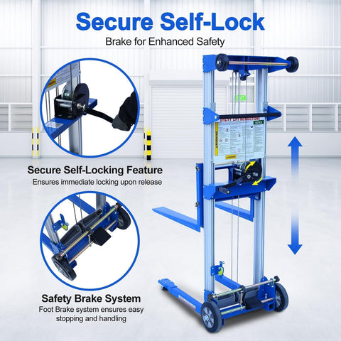 Manual Material Lift Winch Stacker with adjustable height, self-locking feature, and safety brake system in warehouse.