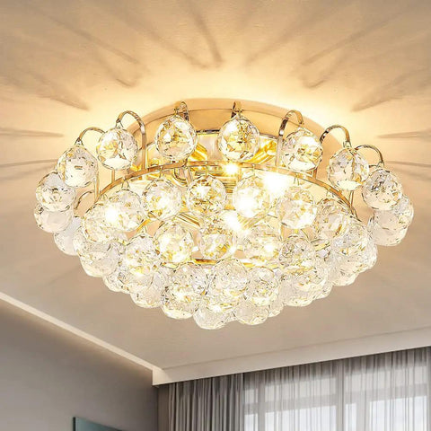 Three Light Modern Crystal Ceiling Light Fixture Flush Mount Round Golden Chandelier with clear crystals