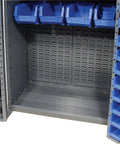 Inside view of Heavy Duty Steel Storage Cabinet Kicking Chaos To The Curb With Forty Eight Small And Sixteen Large Blue Bins.