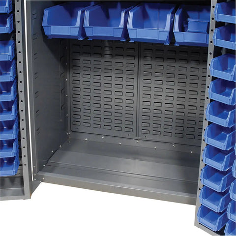 Inside view of Heavy Duty Steel Storage Cabinet Kicking Chaos To The Curb With Forty Eight Small And Sixteen Large Blue Bins.