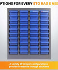 Beefy Heavy Duty Small Parts Storage Organizer With 40 Blue ABS Drawers, front view showing versatile storage arrangement.