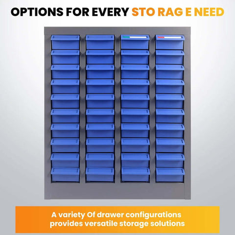 Beefy Heavy Duty Small Parts Storage Organizer With 40 Blue ABS Drawers, front view showing versatile storage arrangement.