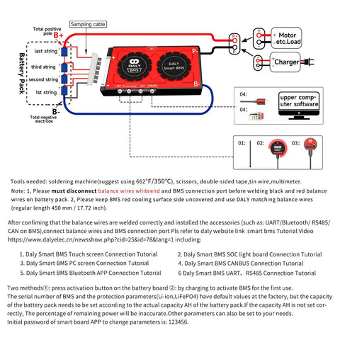 Rock Solid 36V BMS For 18650 Lithium Ion Battery Pack 60A 10S Protection Module schematic showing connections and setup instructions.