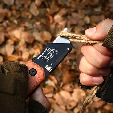 Kickass Folding Utility Knife With Solid Wood Handle And Tight Back Lock Heavy Duty Box Cutter Featuring Quick Change Blade Swap And Extra SK5 Replacement Knives For Any Weekend Grind
