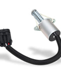 Parking brake solenoid with mounting flange and coil; silver metal body and black wiring harness with connector