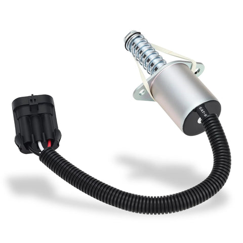 Parking brake solenoid with mounting flange and coil; silver metal body and black wiring harness with connector