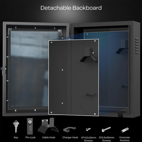 Heavy Duty Wall Mount EV Charger Protective Box With Lockable Safety Padlock Open with detachable backboard and hardware visible.