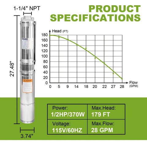 4 Inch Deep Well Submersible Pump With 10 Ft Cable 0.5 HP 115V 28 GPM 179 Ft Head Stainless Steel Borehole Water Pump specs