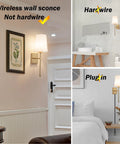 Wireless Battery Operated Wall Sconce Set Of Two With White Fabric Shade Remote Control No Wiring Dimmable Indoor Bedroom Vanity Lighting Bulbs Included Easy Setup Modern Slim Design in different room settings
