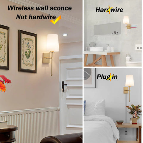 Wireless Battery Operated Wall Sconce Set Of Two With White Fabric Shade Remote Control No Wiring Dimmable Indoor Bedroom Vanity Lighting Bulbs Included Easy Setup Modern Slim Design in different room settings